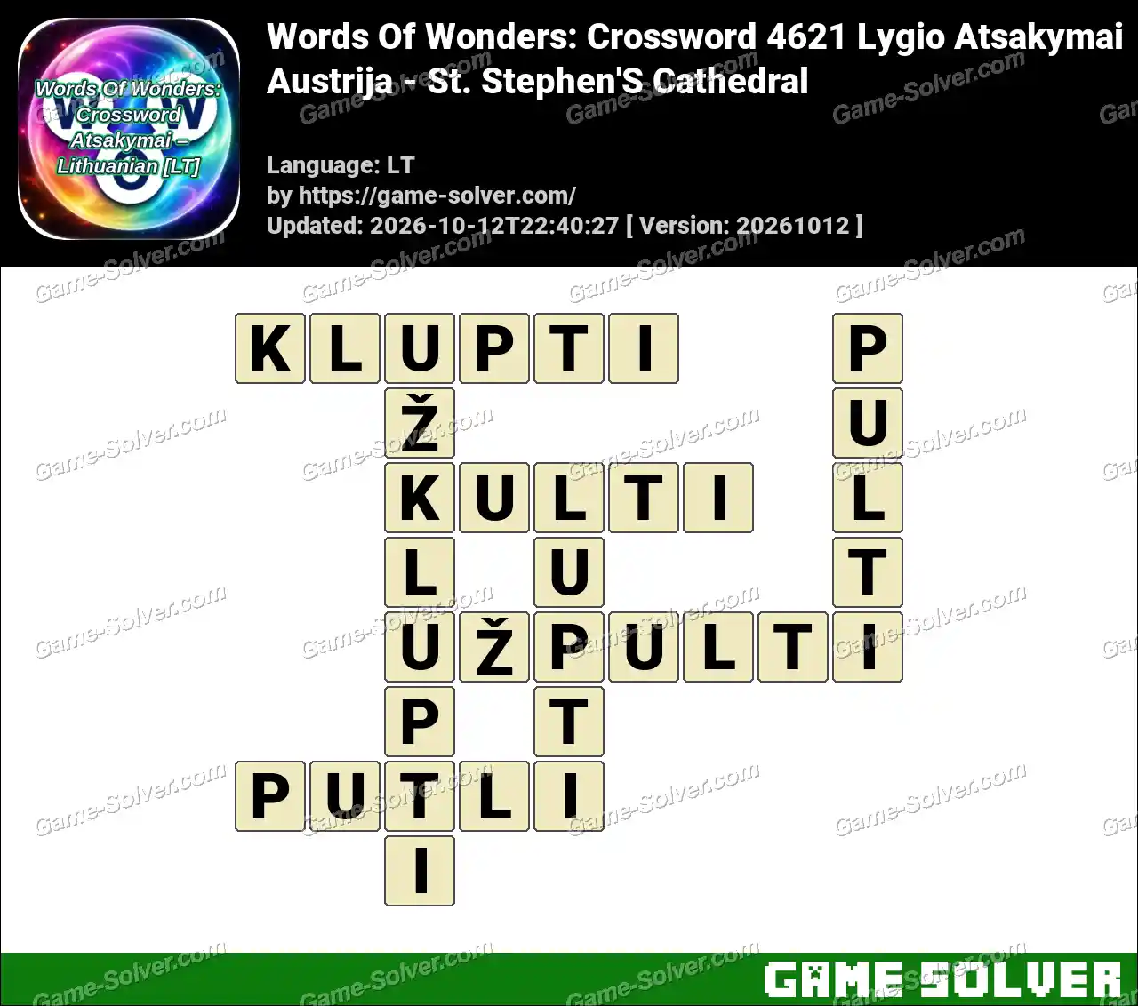 Words Of Wonders: Crossword 4621 Lygio Atsakymai – Austrija – St. Stephen’S Cathedral
